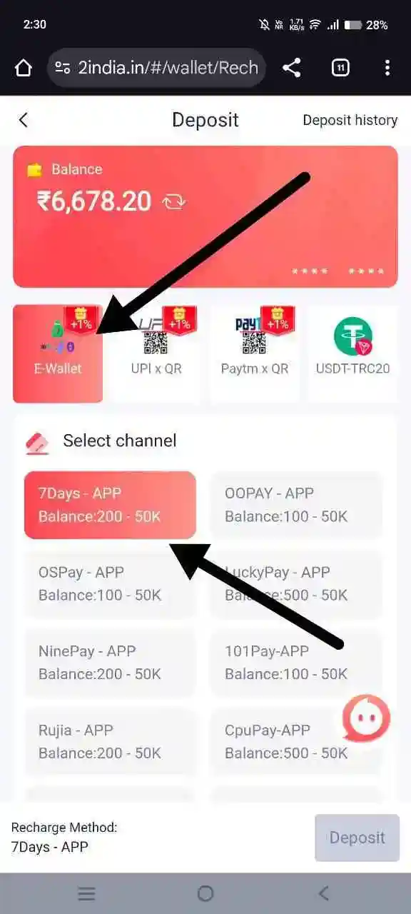 Enter deposit amount in Daman Game wallet interface