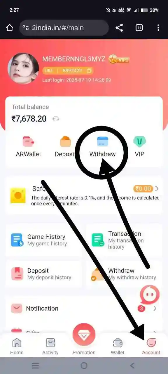Navigate to withdrawal section in Daman Game dashboard